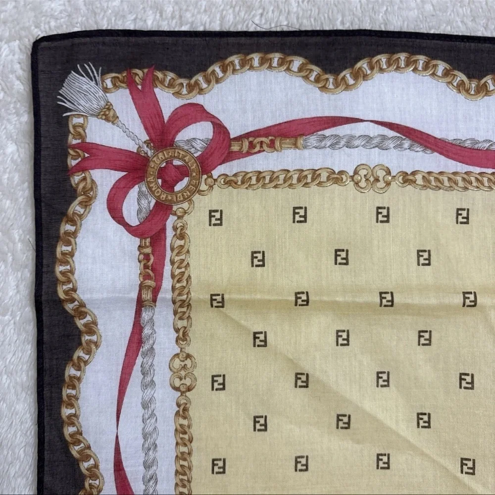FENDI Cotton Scarf 17inches Chain Ribbon Logo Border Elegant